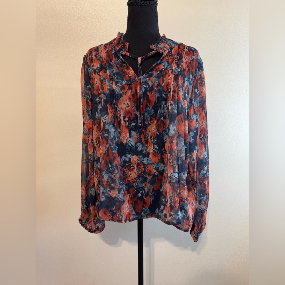 Sam Edelman~ Women’s Sheer Front Tie V-Neck long Sleeve Floral Blouse Size Large - Picture 2 of 11